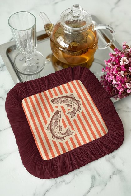 Vintage Fish Illustrated Fringed Decorative Napkin - Rustic Striped Burgundy Theme Coaster Tissue