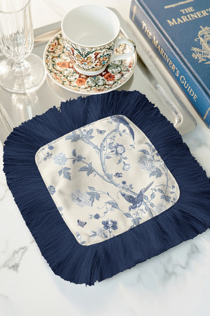 Tile Bird Fringed Coffee Side Presentation Napkin - Elegant Classic Blue and White Bohemian Coaster Napkin