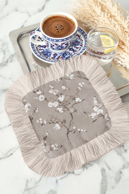 Cherry Blossom Motif Fringed Presentation Napkin - Elegant Natural Bohemian Beige Patterned Coffee Presentation Napkin