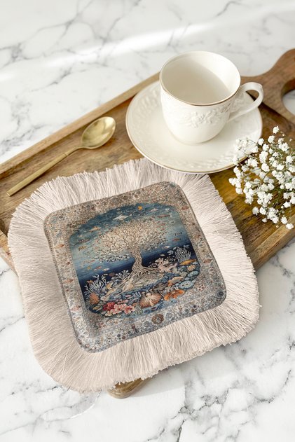 Eye-Catching Tree of Life Fringed Presentation Napkin - Fairytale Ocean Bohemian Blue Cream Coaster Tissue