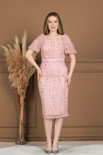 Full Beaded Fabric Square Collar Pencil Dress - Powder