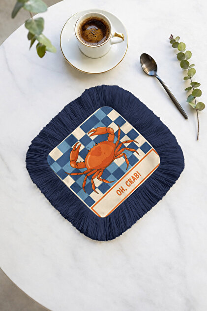 Retro Marine Style Fringed Decorative Napkin - Coastal Navy Blue Coaster Tissue with Sea Shells