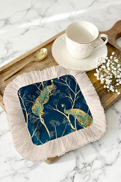 Elegant Peacock Motif Fringed Presentation Napkin - Luxurious Bohemian Night Blue Coaster Tissue