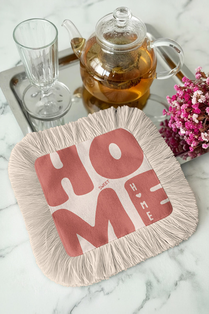 Sweet Home Fringed Coffee Side Presentation Cocktail Napkin - Stylish Bohemian Pink Cream Coaster Tissue