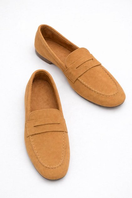 Women's Loafer Flat Sole Moccasin Camel Suede Shoes