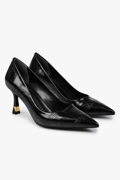 Women's Gilda Black Crocodile Gold Plated Detailed Stiletto