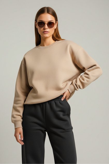 Kadın Oversize Bisiklet Yaka Basic Sweatshirt BEJ