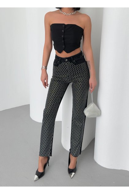 Women's High Waist Stoned Mom Fit Jeans Anthracite 7092-23