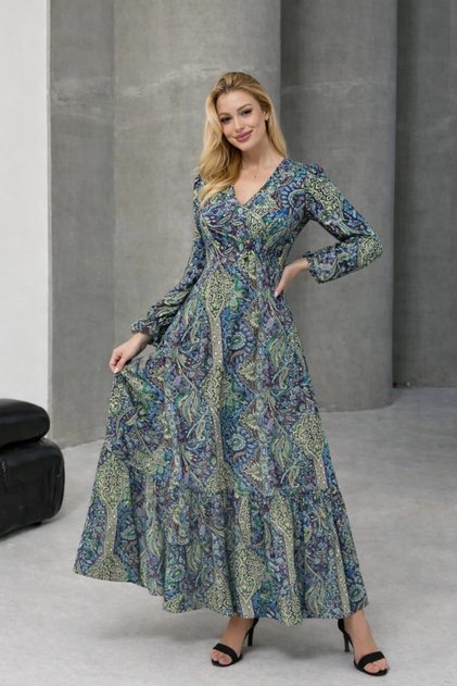 Womens Ethnic Patterned V-Neck Long Sleeve Maxi Dress