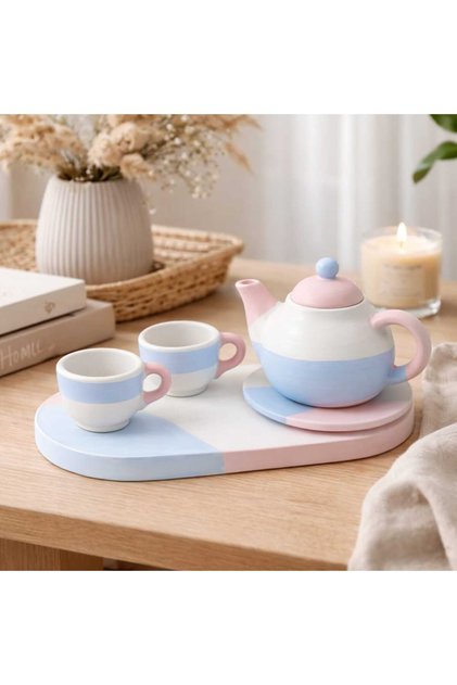 Dekoratif Çaydanlık ve Fincan Seti – Boyanabilir Taş Tozu Hobi Objesi – 3’lü Set