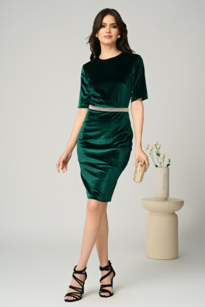 DyFashion DY Fashion elegant green Velvet dress with pearls at the waist-  Trendyol