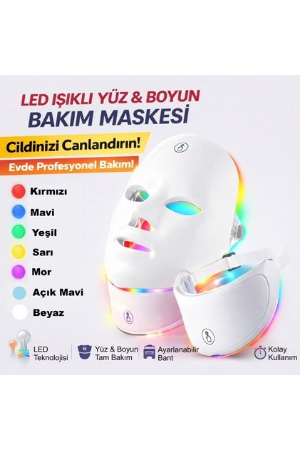 Yüz ve Boyun Güzellik Cihazı 7 Renkli LED Yüz Maskesi Seti Foton Cilt Bakım Işık Terapisi