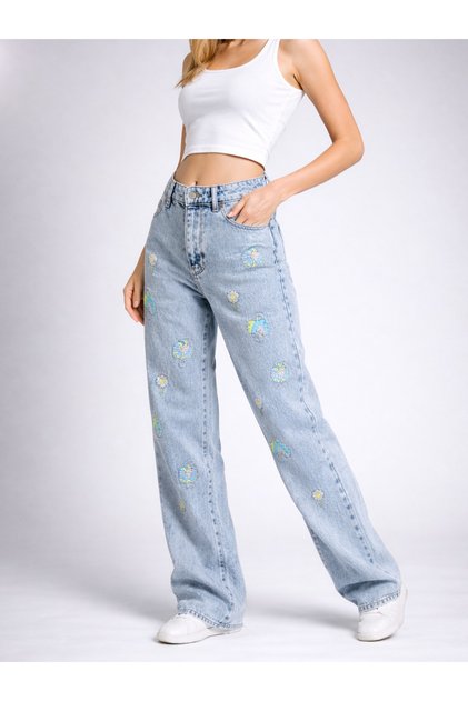 Vintage Embroidered Blue Wide-Leg Women's Palazzo Jean Trousers