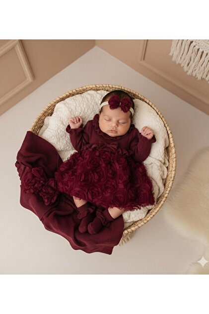newborn burgundy dress Nipperland Baby Girl Set Mevlüt Ozle Day Set 0-3 Months 3 Sizes Floral 5 Pieces newborn going home outfit JUNIOR BRIDESMAID ✨Justice for Tiana’s blue Color:Red