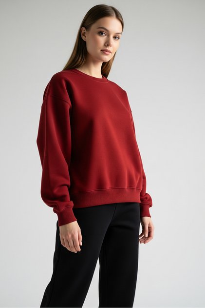 Kadın Oversize Bisiklet Yaka Basic Sweatshirt KIRMIZI