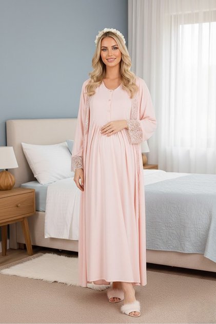 New Season Powder Shawl Collar Lace Detailed Special Design Maternity Dressing Gown Nightgown Set