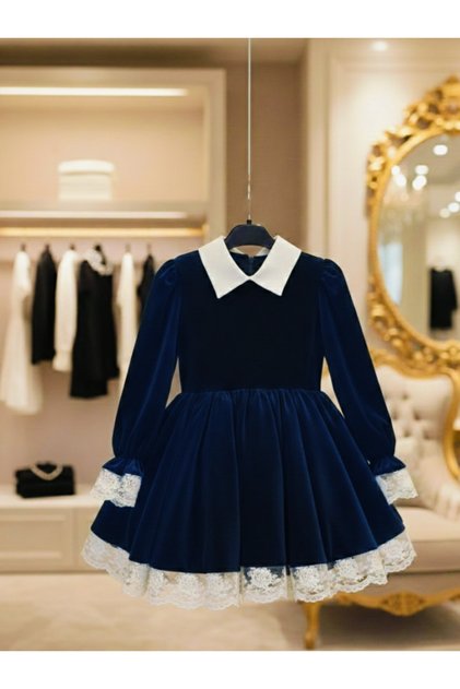 Girl's Silk Velvet Dress with Lace Details