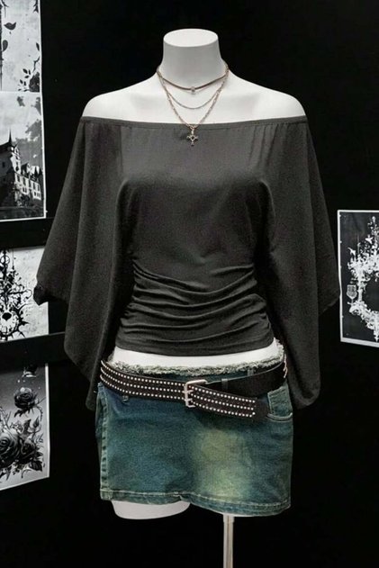 Madonna Collar Shoulder and Sleeve Detail Bat Sleeve Basic Bodysuit