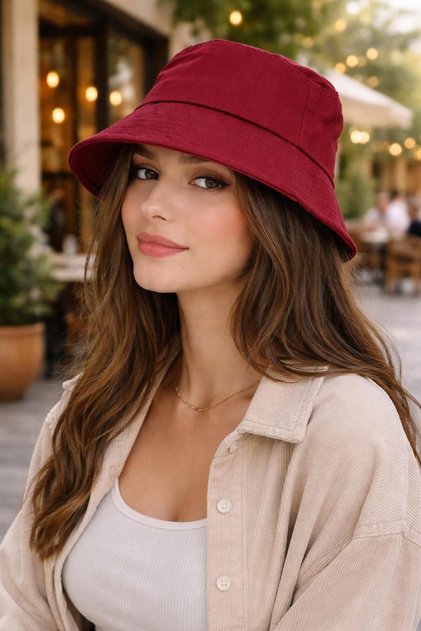 Kadın Bucket Şapka, Yazlık Bordo Kova Şapka, Günlük Bucket/Fisher Şapka
