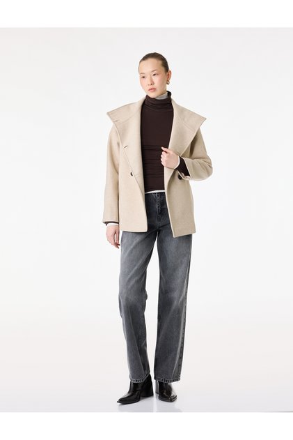 Long Sleeve Buttoned Pocketed Stand Collar Cashmere Coat