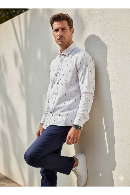 Square and Leaf Patterned Long Sleeve Men's Shirt
