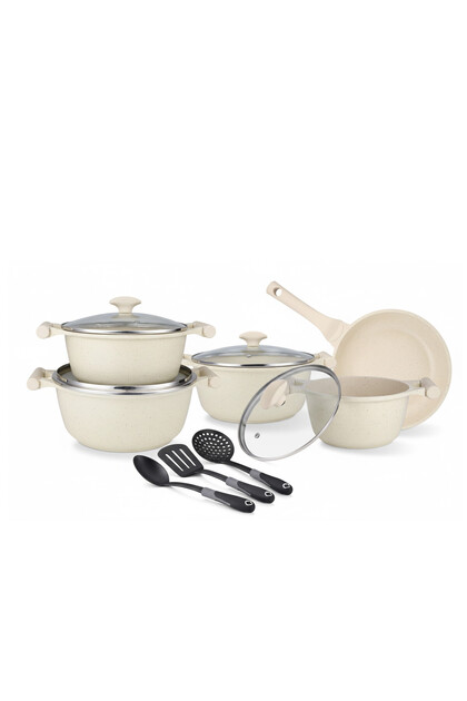 Essentials 12-Piece Off-White Granite Cookware Set | Non-Stick Pots and Pans Set | PR80977