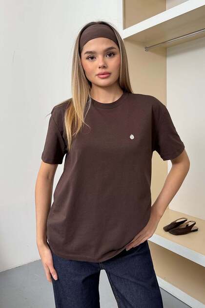Tricou de damă cu detalii argintii, 100% bumbac, maro - 26Y 26510