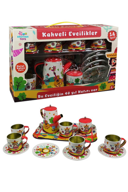 14 Parça Metal Çay Kahve Evcilik Ve Mutfak Seti Bardak Çaydanlık Tabak 24 Cm Kırmızı