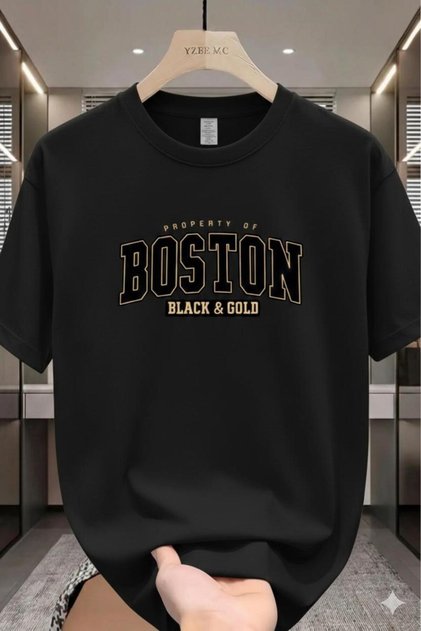 Unisex Black Boston Black Printed Oversize T-Shirt