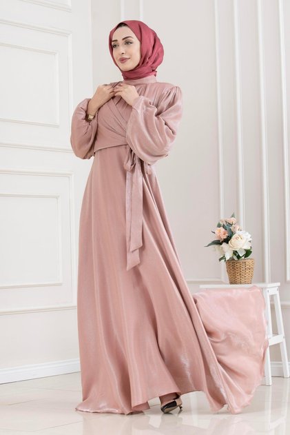 Side Tie Glittery Hijab Evening Dress-Dried Rose
