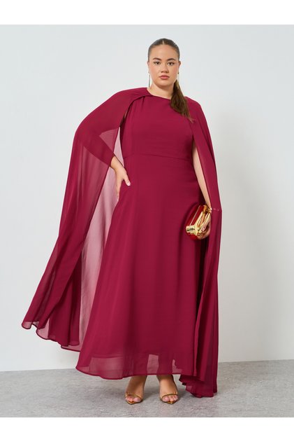 Plus Size Burgundy Cape Sleeve Maxi Dress