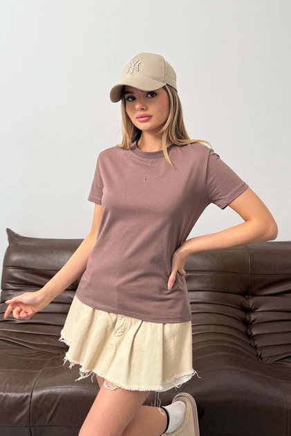 Women's 100% Cotton T-Shirt with Key Accessory Light Brown - 26Y 26515