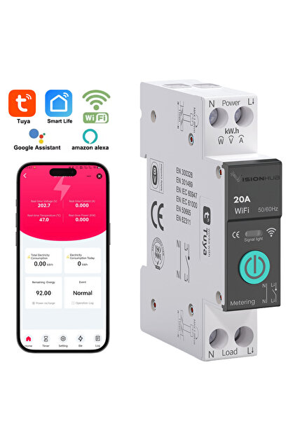 Contor de energie inteligent cu siguranță inteligentă - WiFi, 20A - Monitorizare consum, Telecomandă, VisionHub®, Tuya
