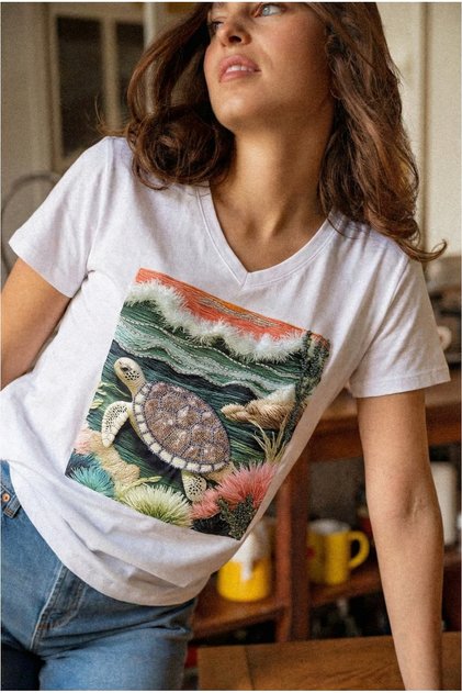 White 100% Cotton V-Neck T-Shirt with Turtle Pattern, Sequins, Beads and Embroidery