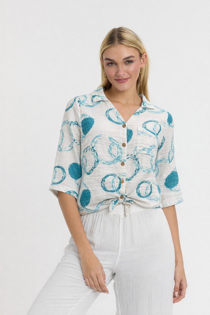 Muslin Shirt/Blouse - Patterned Front Tie Shirt - 1025