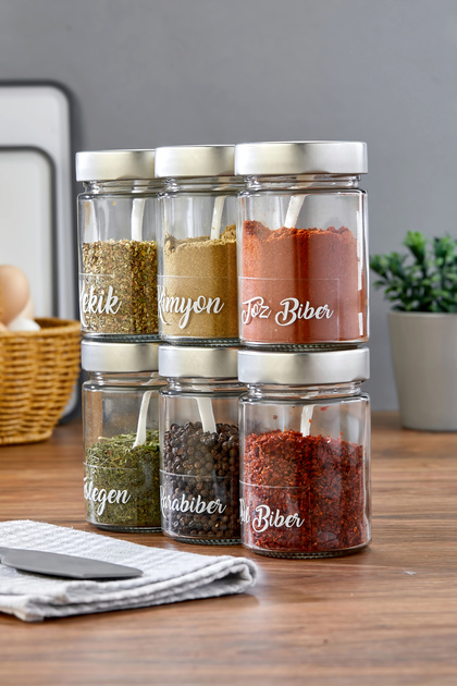 Set of 6 350 ml Spice Storage Containers with Silver Metal Lids, Glass Jars (Plastic Spoon/Label Included)