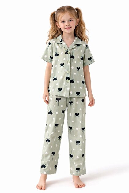 Girls' Pajama Set Green 100% Cotton Single Jersey Fabric Heart Pattern Short Sleeves Shirt Collar