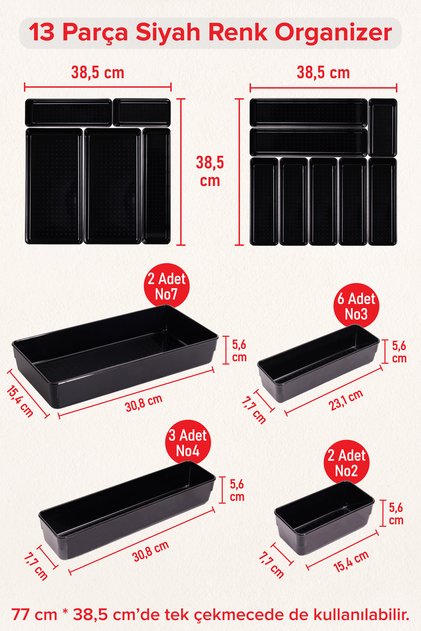 Parlak Siyah ( Piano Black ) 13 Parça Organizer ( 38,5 cm * 38,5 cm - 2 set )