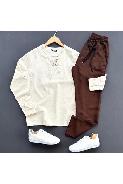 Men's Drawstring Linen Shirt and Trousers Set 2-Piece Set