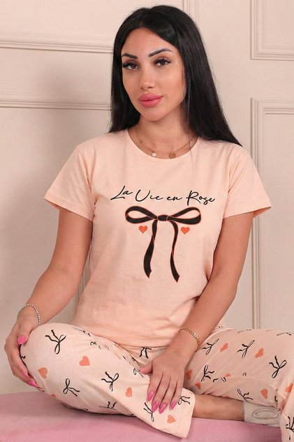 Women's Ribbon Patterned and Patterned Cotton Short-Sleeved Pajama Set