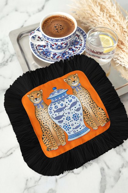 Tile Vase Leopard Patterned Tasseled Presentation Napkin - Bohemian Orange Black Coaster Tissue
