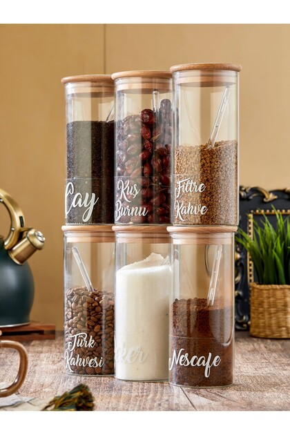 6-Piece Wooden Vacuum Lid Origami Spoon Set 750ml Beverage/Coffee Storage Jar with Transparent Label
