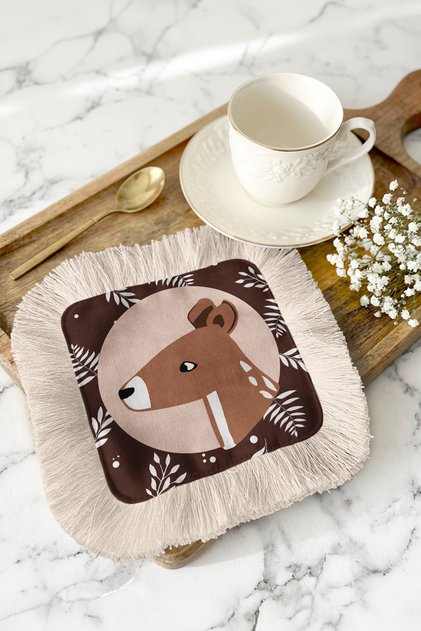 Elegant Deer Patterned Fringed Coffee Side Serving Napkin - Natural Bohemian Brown Cream Presentation Napkin