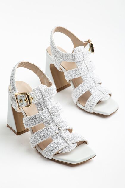 Aria Women's White Leather Braided Detailed Classic Heeled Shoes