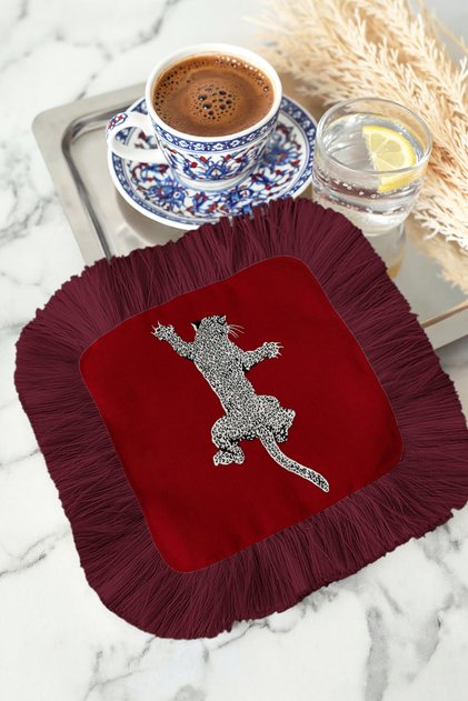 Leopard Patterned Luxury Fringed Bohemian Presentation Napkin - Creative Wild Bohemian Burgundy Coaster Tissue