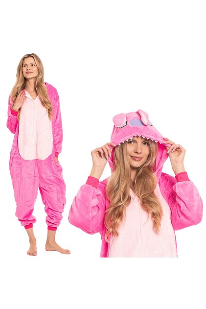 Pijama Kigurumi de damă Stitch — Salopetă onesie roz cu glugă, costum pufos mărimea S