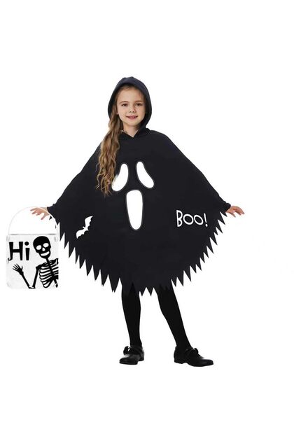Costum Fantomă Copii Halloween - Pelerină cu Glugă, Efect Fluorescent - Poliester, Negru, M