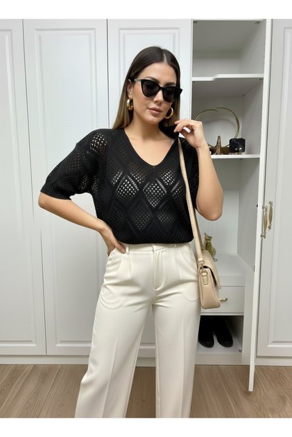 Women's V-Neck Transparent Detailed Mercerized Knitwear T-Shirt Summer Hollow Out Knitted Blouse