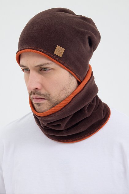 Men's Brown Fleece Outerwear, Orange Cotton Inner Layer, Dual Color, Double Layer Foldable Beanie Neck Collar Set