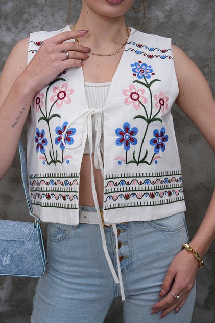 Ethnic Pattern Floral Embroidered Cotton Vest